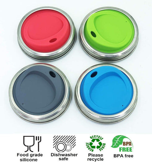Reusable Food Grade Silicone Sip Lid Kit with Stainless Steel Rings for Mason Jars, Pack of 4 Sets (Wide Mouth)
