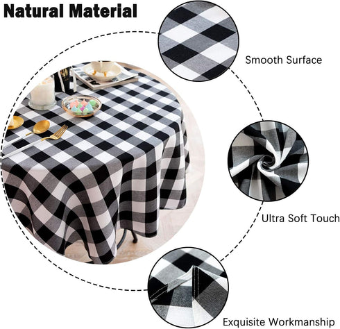 Buffalo Plaid Round Tablecloth, Checkered Cotton Linen Table Cover for Kitchen Dining Room, 48 Inch