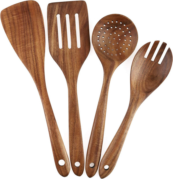 4-Piece Wooden Cooking Utensils Set for Non-Stick Cookware, Includes Spatula, Fork, Turner, Ladle, Strainer Spoons