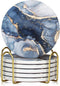 Dksyee Coasters Set of 6, Navy Blue Marble Abstract Round Ceramic Coasters with