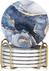 Dksyee Coasters Set of 6, Navy Blue Marble Abstract Round Ceramic Coasters with