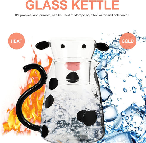 1 Set Glass Carafe Pitcher with Glass Mug Cute Cow Glass Tea Pitcher Kettle Milk Jug Night Water Carafe for Midnight Drink Home Office Hotel 550ml by Zerodeko