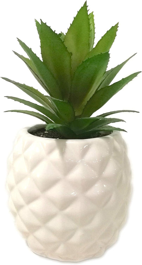White Porcelain Pineapple Faux Plant, 7.8" Artificial Succulent Potted Decoration for Home Office Bathroom