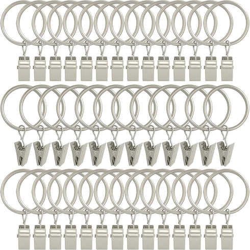 40 Pack Curtain Rings with Clips, Drapery Clips with Rings, Matte Silver, Fits up to 1 in Curtain Rod, 1.26 in Diameter