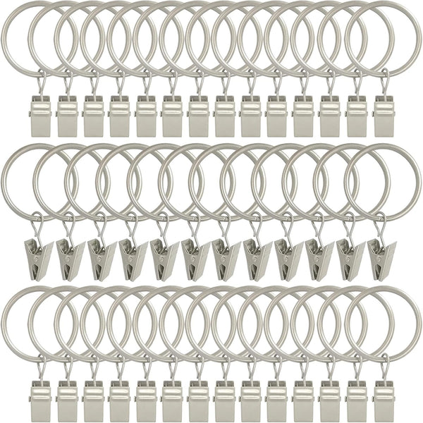 40 Pack Curtain Rings with Clips, Drapery Clips with Rings, Matte Silver, Fits up to 1 in Curtain Rod, 1.26 in Diameter