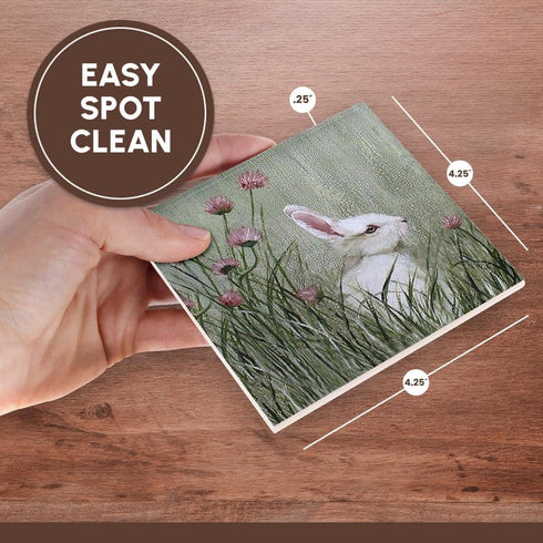 3dRose CST_44349_3 Bunny Rabbit in Tall Grass with Pink Wildflowers - Ceramic Tile Coasters, Set of 4