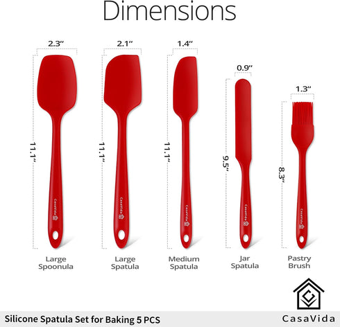 CasaVida Silicone Spatula Set 5pcs Red High Heat Resistant Non Stick Bakery Flexible BPA Free Dishwasher Safe Kitchen Utensils Bakeware Cookware Baking Mixing One-piece Seamless Spatula Set
