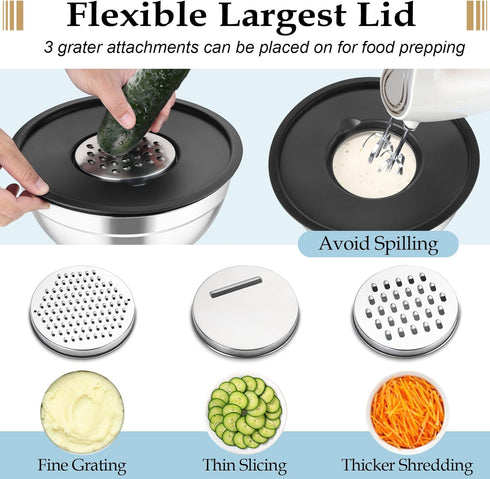 TeamFar Set of 6 Mixing Bowls, Stainless Steel Nesting Salad Bowls with 3 Grater Attachments for Cooking Prepping