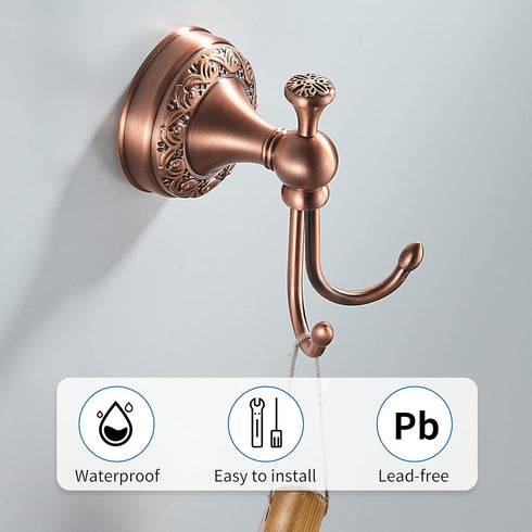 Red Copper Bath Towel Hooks, Wall Mounted Bathroom Hardware Accessories with Pattern Carving Design