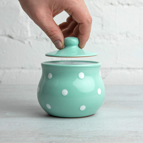 City to Cottage Ceramic Sugar Bowl with Lid - 10oz Sugar Container for Coffee Bar, Handcrafted Turquoise Blue