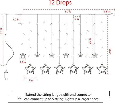 Star Curtain Lights for Bedroom - 9ft Plug-in 138 LED Fairy Twinkle Lights with Remote & 12 Star Drops