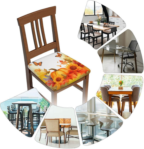 Set of 2 Removable Chair Seat Covers, Fall Sunflowers Stretchable Slipcovers for Dining Room, 16.9x16.9 Inches