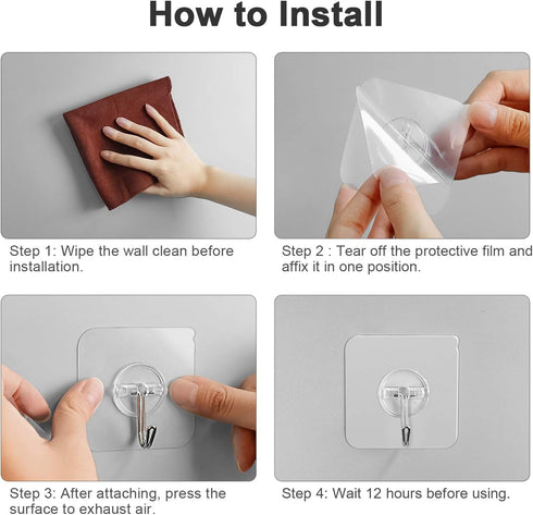 Adhesive Hooks Removable Wall Hooks, 13 LB Ceiling Hook, Transparent Seamless Waterproof, 10 Pack