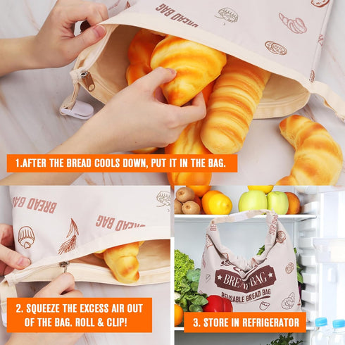 2 Pack, 17x13 Inch 17x13 Inches Beeswax Bread Bags Reusable Large Bread Storage Bags with Secure Buckle, Natural Cotton