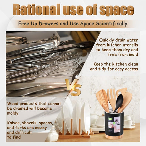 Kitchen Utensil Holder, Tableware Storage Bucket with Removable Divider and Wooden Base