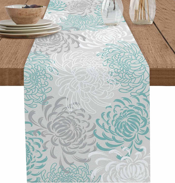 PIEPLE Aqua Chrysanthemum Flowers Table Runner-Cotton Linen-Small 13x36inches Dresser Scarves,Floral Grey Tablerunner for