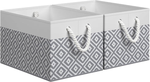 Storage Bins, 2-Pack Large Collapsible Storage Box with Rope Handles for Organizing Books and Clothes (White & Grey)