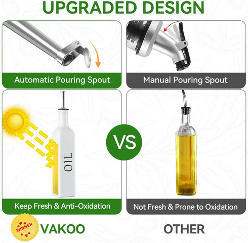 Set 17oz/500ml, Vakoo Oil and Vinegar Dispenser - Extra Thick Glass, Leak-Proof, Olive Oil Dispenser Bottle for Kitchen