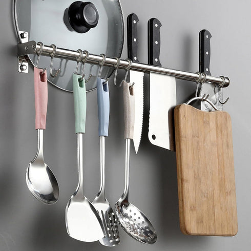 ASkinds Utensil Hanging Rack Stainless Steel Rail Hanger Rod Wall Mounted Pot Pan Lid Holder Cookware Storage Organizer with Sliding Hooks for Kitchen Bathroom by ASkinds