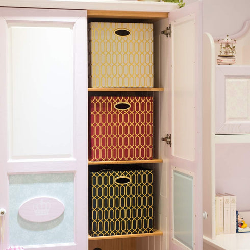 Posprica Storage Bins, 13×13 Fabric Drawers Organizer Basket Boxes, 2pcs, Cream/Gold Geometry Pattern