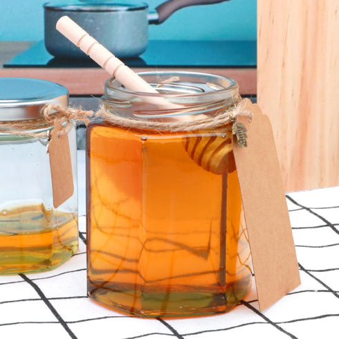Woaiwo-q 10 oz 20 Pack Honey Jars with Dipper, Hexagon Glass Jars with Black Lids, Wooden Honey Sticks for Baby Shower