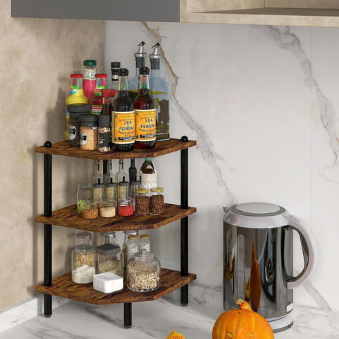 Desktop Corner Stand Shelf for Storage, 3 Tier Rustic Brown Organizer Rack for Small Spaces, Home Office, Kitchen,