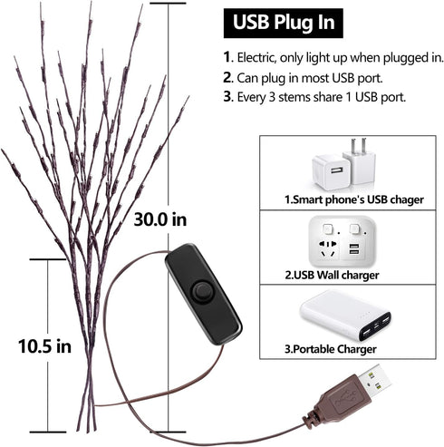 KXCOFTXI 3 Pack Twig Lights, Prelit Branches, USB Plug in with 60 LED Bulbs, Decorative Lights for Indoor Party