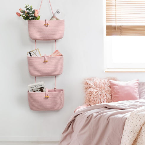 3-Tier TeoKJ Over the Door Hanging Baskets with Button Strap, Woven Cotton Storage Organizer Bag, Wall-Mounted