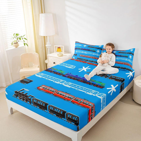 Set Set 3Pcs Feelyou Train Kids Boys Bed Sheets Retro Steam Engine Toddler Sheet for Teens Railway Track Transport Bed