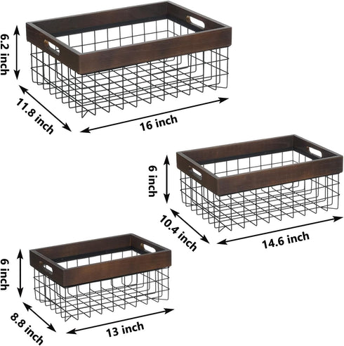 Set of 3 Metal Wire Baskets, Organizing Wood Top with Handles, Storage Organizer for Kitchen Cabinets, Pantry, Laundry