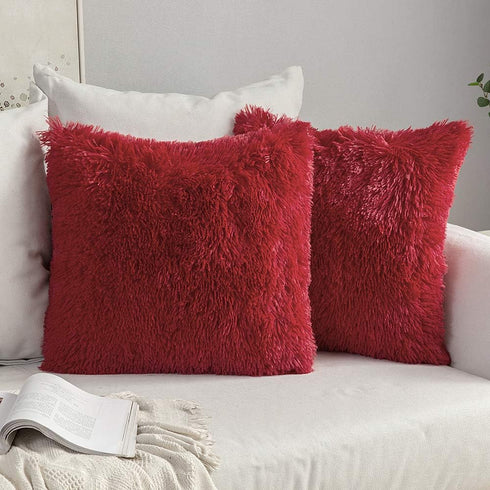 MIULEE Luxury Faux Fur Throw Pillow Cover - Pack of 2, Deluxe Winter Decorative Cushion Cover 18x18 Inch Red