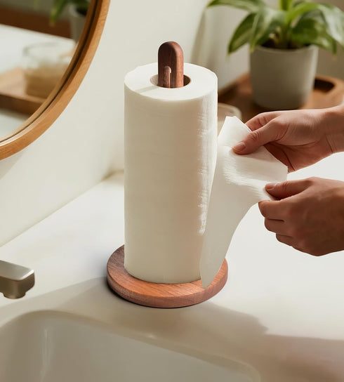 Countertop, KitchLife Acacia Wooden Paper Towel Holder Fits Jumbo Rolls, Freestanding Dark Wood Paper Towel Stand