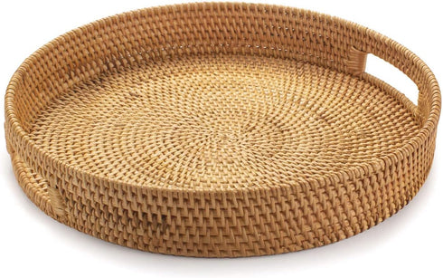 YANGQIHOME Rattan Round Serving Tray - Decorative Coffee Table Tray, Hand Woven Serving Basket with Handles