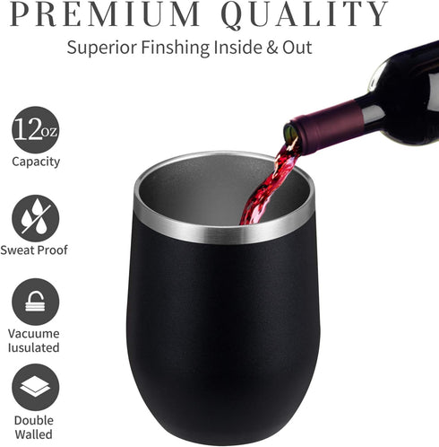 MEWAY 12oz Stemless Wine Tumbler Glasses with Lid - Insulated Double Wall Vacuum Stainless Steel Travel Tumbler with