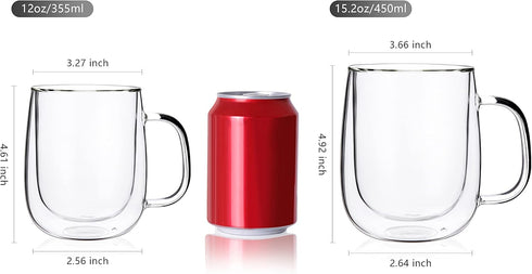 12oz,Double Set Beverages,Set 4 CNGLASS Glass Coffee Mugs Wall Insulated Mug with Handle,Clear Glass Espresso Mugs