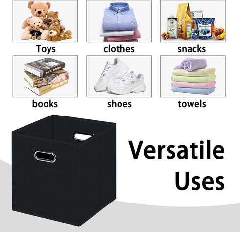 Black Foldable Storage Cubes Bins - Fabric Storage Box Organizer with Dual Handles for Home