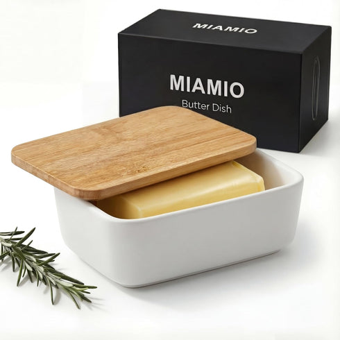 MIAMIO - Ceramic Butter Dish with Lid for Countertop, Holds 2 Sticks