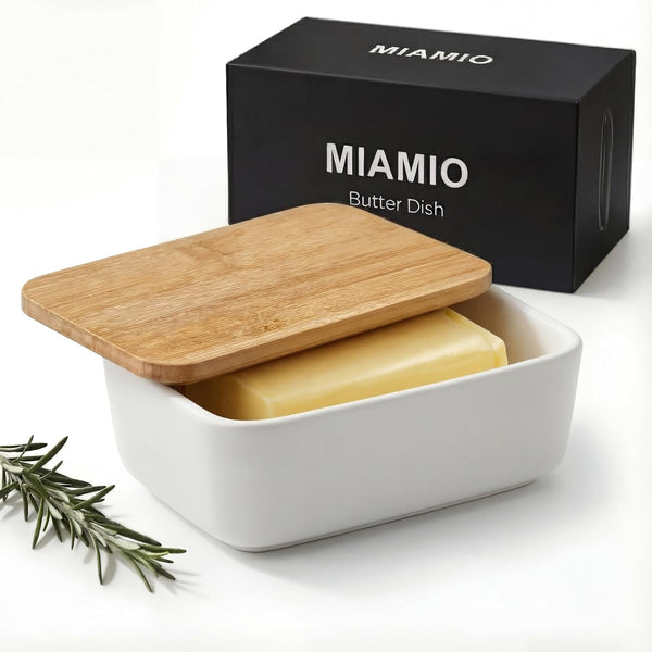 MIAMIO - Ceramic Butter Dish with Lid for Countertop, Holds 2 Sticks