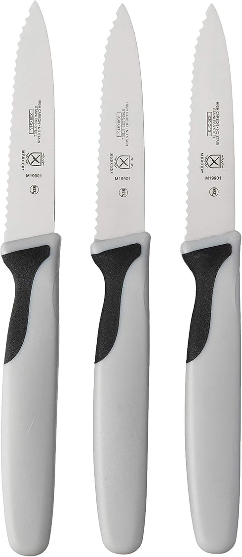 Mercer Culinary M19903 Millennia Black Handle, 3-Inch Slim Serrated Paring Knives (3-Pack), Paring Knife
