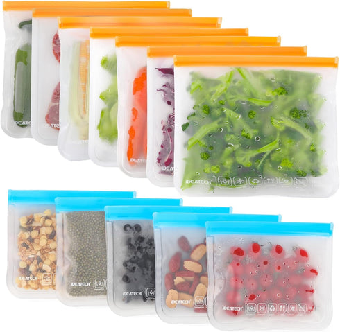 IDEATECH 12 Pack Reusable Storage Bags, BPA Free PEVA Freezer Bags, Gallon & Sandwich Bags for Men and Women