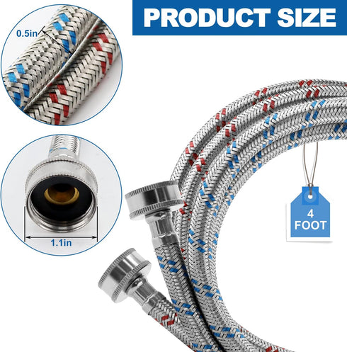 Washing Machine Hoses,Stainless Steel Washing Machine Hose 4ft -2 Packs Braided Premium Washer Hoses Supply Lines-washer hoses 6ft Hot and Cold Striped Water Connection