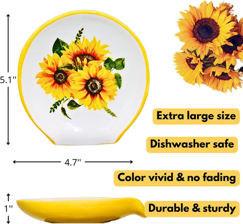 Sunflower Kitchen Decor - Ceramic Spoon Rest for Stove Top, Large Utensil Holder, Farmhouse Kitchen Decor
