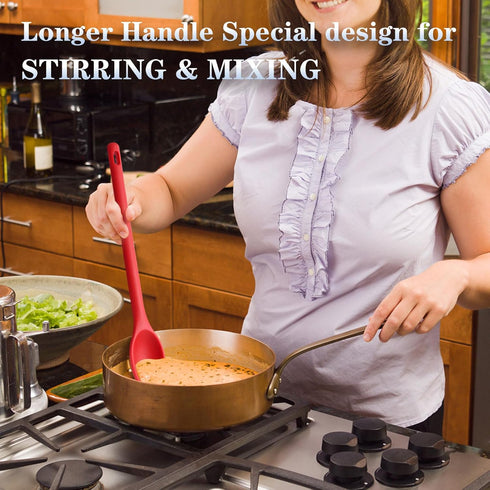 Long Handle Silicone Mixing Spoon, 12" Nonstick Heat-Resistant Rubber Stirring Spoon for Cooking and Baking