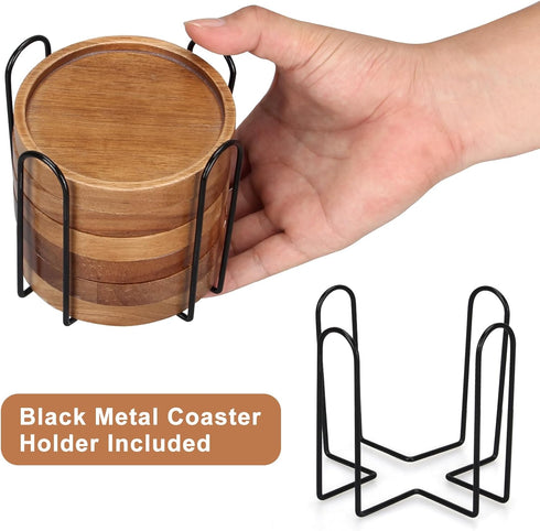 6 Set Pcs Best Wooden Coasters with Holder Coffee Table Decor Acacia Wood Coaster Modern Cup Coaster for Drink Home