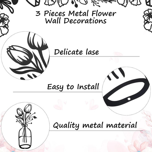 3 Pieces Metal Flower Wall Decor, Minimalist Black Tulip Wire Iron Art for Kitchen Bathroom Living Room