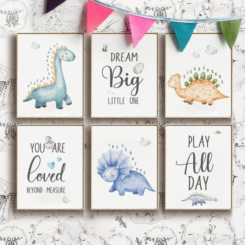 SUUURA-OO Set 6 (8'X10') Dream Big Cute Baby Dinosaur Watercolor Art Print - of Dinosaur Inspirational Decor - Living