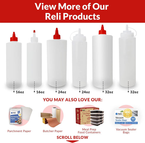 16 oz. 10 Pack 16 Reli. Plastic Squeeze Bottles, | | Condiment Squeeze Bottles for Sauces | Clear w/Red Tip Cap | Ounce