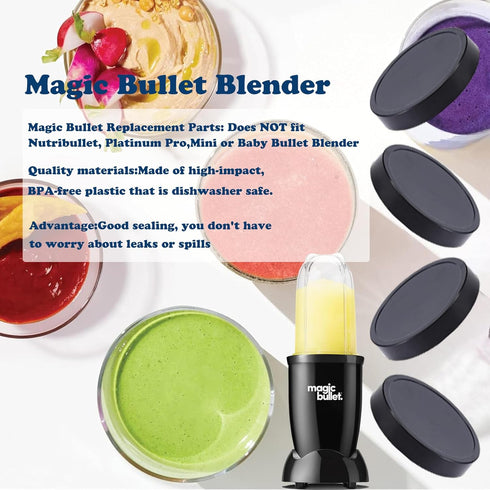 4PCS Flat Lids for Magic Bullet Blender, Replacement Parts Compatible with 250W Cups, Black Plastic Lid with 8oz Cup