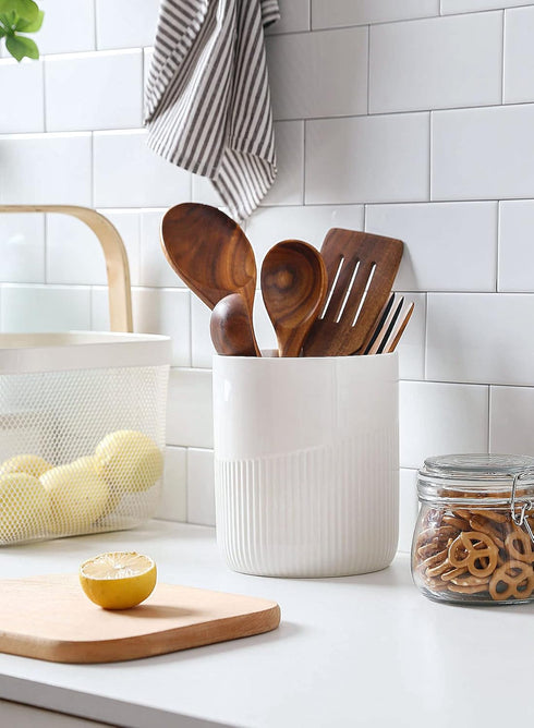 Ceramic Kitchen Utensil Holder, 7" Large Stable Crock, Cooking Organizer for Kitchen Counter, Dishwasher Safe, White