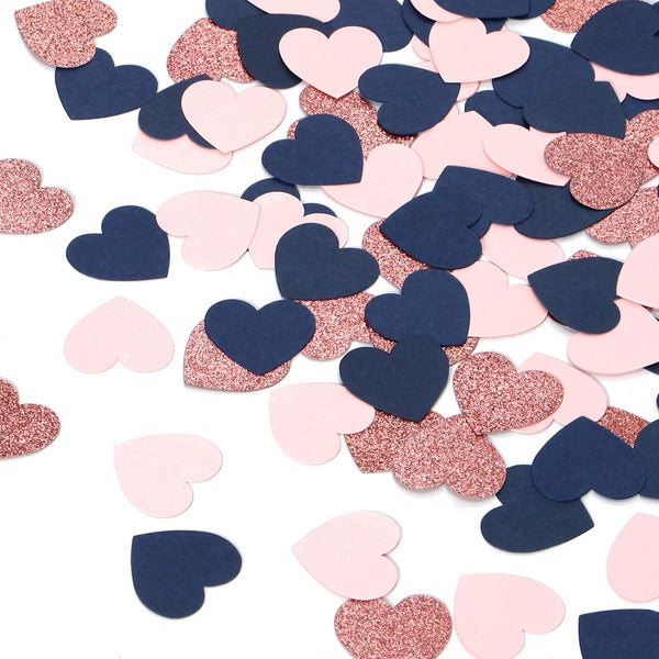 Navy-Blue Pink Rose-Gold Heart Confetti - 300pcs Glitter Paper Dots for Gender Reveal, Weddings, Birthdays, Party